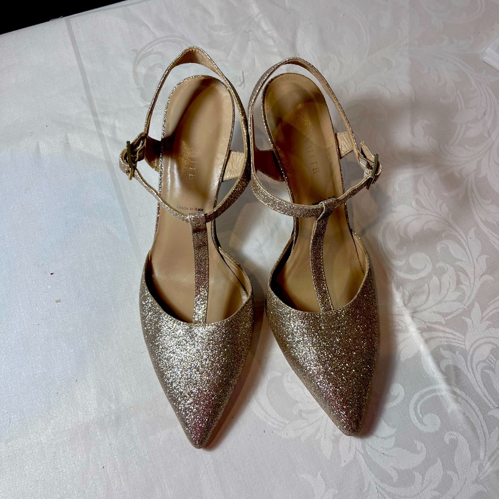 Ron White T strap Gold Glitter Pumps Made in Italy Size 39.5 (Size 9)